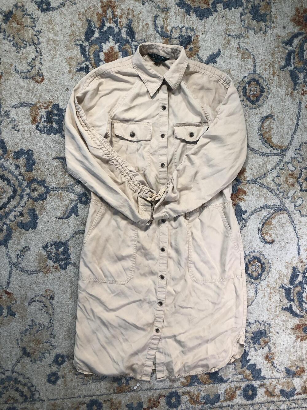 Lauren Ralph Lauren Dress Womens 2 Beige Shirt Dress Button Front Pockets Casual